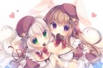  2girls animal_ears blonde_hair bow braids breasts brown_hair bunny_ears bunnygirl candy chocolate cleavage doggirl dress green_eyes hat heart long_hair maid original purple_eyes tail valentine waifu2x wristwear yukie 