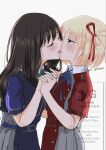  2girls blonde_hair blue_dress blue_ribbon brown_hair closed_eyes commentary_request dress french_kiss green_ribbon hair_ribbon hand_on_another's_waist highres holding_hands inoue_takina interlocked_fingers kiss long_hair lycoris_recoil lycoris_uniform mizuki_(mi_lycoreco) multiple_girls neck_ribbon nishikigi_chisato one_side_up red_dress red_eyes red_ribbon ribbon saliva short_hair simple_background sweat tongue tongue_out upper_body watermark white_background yuri 