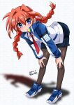  1girl 2025 bent_over black_pantyhose blue_eyes blue_shoes blue_skirt braid braided_twintails closed_mouth collared_shirt commentary_request dated double-parted_bangs dress_shirt floating_hair full_body hair_between_eyes hair_intakes hands_on_own_knees high_collar jacket long_hair long_sleeves looking_at_viewer lyrical_nanoha mahou_shoujo_lyrical_nanoha_strikers military_jacket military_uniform multicolored_jacket necktie open_clothes open_jacket orange_hair pantyhose pencil_skirt petite red_necktie san-pon shirt shoes signature simple_background skirt skirt_suit solo standing suit tsab_air_military_uniform twin_braids twintails twitter_username two-tone_jacket vita_(nanoha) white_background white_shirt wispy_bangs 