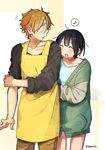  1girl alternate_hair_length alternate_hairstyle apron black_hair brown_eyes brown_hair cardigan closed_eyes couple hetero husband_and_wife kitashirakawa_tamako momose_(oqo) ooji_mochizou tamako_market 