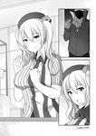  1girl beret blush breasts c: cash_register cashier comic commentary convenience_store employee_uniform english_commentary face_mask greyscale hat highres jacket kantai_collection kashima_(kantai_collection) large_breasts lawson long_hair mask monochrome open_mouth rain robba-san_(wangphing) scarf shirt shop silent_comic striped striped_shirt twintails twitter_username uniform vertical_stripes wangphing waving wet wet_clothes 