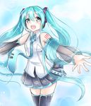  aqua_eyes aqua_hair cowboy_shot detached_sleeves hatsune_miku hatsune_miku_(vocaloid3) headset highres long_hair looking_at_viewer namimumeho necktie open_mouth outstretched_arms see-through skirt solo spread_arms thighhighs twintails very_long_hair vocaloid 