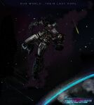  autobot bumblebee_(movie) comet commentary damaged earth_(planet) english_commentary english_text floating highres maxeralfa mecha mecha_focus no_humans open_hand optimus_prime planet robot science_fiction space transformers transformers_(live_action) 