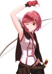  :c arrow belt bow_(weapon) braid gloves hai_to_gensou_no_grimgar hair_over_shoulder hand_on_hip highres knife long_hair nananana_(raven04max) one_eye_closed pink_hair pouch quiver single_braid solo weapon yellow_eyes yume_(grimgar) 