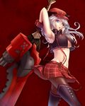  :d alisa_ilinichina_amiella amano_yoru armpits arms_up artist_name asymmetrical_gloves black_footwear black_legwear blonde_hair blue_eyes boots breasts brown_legwear buckle buttons cowboy_shot crop_top crop_top_overhang elbow_gloves fingerless_gloves flat_cap gatling_gun gloves god_eater god_eater_burst gun hat highres holding holding_sword holding_weapon huge_weapon large_breasts lips long_hair looking_at_viewer midriff navel open_mouth pantyhose plaid plaid_skirt red_background red_hat red_skirt signature simple_background skirt smile solo stomach suspender_skirt suspenders sword thigh_boots thighhighs tsurime underboob vest walking weapon wrist_cuffs 