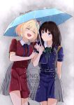  2girls arm_hug blonde_hair blue_dress blue_umbrella brown_hair closed_eyes closed_mouth commentary_request dress highres holding holding_umbrella inoue_takina long_hair lycoris_recoil lycoris_uniform mizuki_(mi_lycoreco) multiple_girls nishikigi_chisato open_mouth purple_eyes rain red_dress short_hair smile twitter_username umbrella watermark yuri 