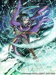  black_hair boots brown_footwear copyright_name dutch_angle facial_mark fire_emblem fire_emblem:_souen_no_kiseki fire_emblem_cipher forehead_mark green_hair knee_boots long_hair long_sleeves magic male_focus official_art red_eyes robe solo soren toyota_saori wind wind_lift 