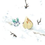  bird's_eye_view branch commentary fishsaurus_o0 footprints from_above galarian_darumaka highres looking_at_another no_humans pokemon pokemon_(creature) pokemon_focus snorunt snow teeth untranslatable_commentary winter 