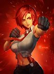  armpits boxing breasts clenched_hand gloves highres large_breasts lips lipstick makeup mature midriff navel necktie punching red_eyes red_hair shirt short_hair sleeveless solo suspenders the_king_of_fighters vanessa_(king_of_fighters) xiaoguimist 