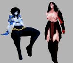 2girls absolute_dc absolute_wonder_woman absurdres amputee black_hair blue_eyes blue_skin boots breasts collarbone colored_skin commentary curly_hair dc_comics english_commentary fishnet_top fishnets full_body gloves grey_background hair_over_one_eye highres invisible_chair jacket large_breasts lips long_hair multiple_girls nipple_piercing nipples pants piercing self-upload simple_background sitting smile topless_female venusraku wonder_woman wonder_woman_(absolute_dc) yuri zatanna_zatara zatanna_zatara_(absolute_dc) 