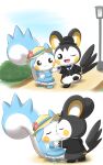  absurdres bad_source black_bow black_bowtie black_hat black_jacket blue_dress blue_hat bow bowtie clothed_pokemon dress emolga hat high_heels highres jacket kimono_kemono kiss loafers pachirisu pokemon shoes walking 