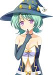  bare_shoulders breasts cleavage elbow_gloves finger_to_mouth gloves green_hair hat large_breasts merc_storia navel purple_eyes roaanu shizukage_(shizukageya) short_hair smile solo white_background witch_hat 