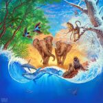  animal animal_focus bird commission elephant fern flying forest full_body grass highres johannatarkela monkey nature no_humans ocean official_art outdoors painterly realistic rock running scenery sea_lion seal_(animal) sky snow snowing splashing sunrise tree underwater water watermark waves whale wild_duo 