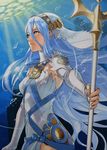  aqua_(fire_emblem_if) blue_hair dress elbow_gloves fingerless_gloves fire_emblem fire_emblem_cipher fire_emblem_if gloves hair_between_eyes hairband highres holding holding_weapon jewelry kozaki_yuusuke long_hair necklace official_art polearm solo very_long_hair weapon white_gloves yellow_eyes 