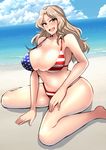  american_flag_bikini beach bikini breasts brown_hair day flag_print girls_und_panzer highres huge_breasts kay_(girls_und_panzer) koujun_(mugenzero) long_hair solo swimsuit 