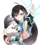  ahoge black_hair blade_arcus_from_shining blue_eyes breasts cleavage clenched_hand electricity fingerless_gloves gloves hair_ornament hairclip large_breasts long_hair looking_at_viewer low-tied_long_hair pairon serious shining_(series) solo tanaka_takayuki taut_clothes upper_body very_long_hair white_background 