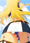  american_flag_panties ass back bad_id bad_pixiv_id belt blonde_hair blue_sky cloud cowboy_shot crotch_seam day facing_away flag_print from_behind from_below garter_straps gloves horizontal_stripes iowa_(kantai_collection) kantai_collection long_hair miniskirt panties pantyshot pantyshot_(standing) skirt sky sleeveless solo standing star star_print striped sweat tear_tear0320 thighhighs underwear upskirt vertical_stripes 
