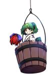  baba_(baba_seimaijo) bucket disembodied_head green_eyes green_hair grin hair_bobbles hair_ornament hair_ribbon highres in_bucket in_container japanese_clothes kimono kisume long_sleeves looking_at_viewer red_hair ribbon sash sekibanki short_hair smile tachi-e touhou transparent_background twintails wooden_bucket 