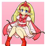  :q bare_arms bare_legs blonde_hair blue_eyes blush bow bow_(weapon) cape earrings eruru_(erl) full_body hairband highres jewelry long_hair looking_at_viewer lorien_(monster_maker) monster_maker no_nose pink_background pink_bow pointy_ears polka_dot polka_dot_background red_footwear shoes sitting skirt smile solo tongue tongue_out weapon 