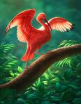  animal animal_focus bird blurry blurry_background branch fern full_body highres johannatarkela leaf light_particles looking_at_viewer nature no_humans on_branch original outdoors painterly photorealistic realistic scarlet_ibis scenery solo spread_wings standing watermark 