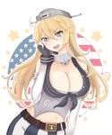  american_flag blonde_hair blue_eyes breasts cleavage commentary_request hair_between_eyes headgear iowa_(kantai_collection) kantai_collection large_breasts long_hair looking_at_viewer mentai_mayo open_mouth smile solo star star-shaped_pupils symbol-shaped_pupils 