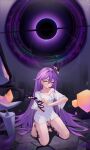  1girl absurdres bandaged_arm bandaged_leg bandages barefoot black_hole blood_on_cheek breasts commentary_request feet highres hime-chan_dayo honkai_(series) honkai_impact_3rd kneeling long_hair purple_hair shirt sirin small_breasts solo toes very_long_hair white_shirt yellow_eyes 