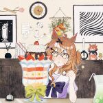  1girl agnes_tachyon_(umamusume) ahoge analog_clock banana banana_slice bendy_straw blonde_hair blush book bow braid call_bell candle candlestand character_doll cherry clock cup dantsu_flame_(umamusume) doll drink drinking_glass drinking_straw drooling earrings elbow_on_table elbow_rest fish20626043 flower food fruit green_bow green_liquid hair_between_eyes hair_ornament hairclip half_up_half_down_braid hand_on_own_cheek hand_on_own_face hand_up highres holding holding_spoon indoors jam_(umamusume) jewelry jungle_pocket_(umamusume) manhattan_cafe_(umamusume) medium_hair multicolored_hair multiple_earrings multiple_hairclips notched_ear painting_(object) parfait parfait_glass plant pocky potted_plant purple_bow purple_serafuku purple_shirt red_flower sailor_collar school_uniform serafuku shirt sitting solo sparkle sparkling_eyes spoon strawberry_parfait streaked_hair summer_uniform table tracen_school_uniform umamusume wall_clock whipped_cream white_flower white_sailor_collar white_streaks yellow_bow yellow_eyes yellow_flower 