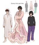  1girl 2boys barefoot black_hair black_shirt commentary crossdressing crossdressing_(mtf) crossed_arms demon_horns demon_king_of_salvation dress english_commentary han_sooyoung hand_in_pocket hat highres horns kim_dokja meme multiple_boys nightcap nightgown omniscient_reader's_viewpoint parody pink_dress reference_inset rhaastyogurt shirt short_hair sleepwear smirk yoo_joonghyuk 