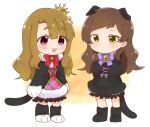  2girls animal_ears bell black_boots black_dress blush boots bow bowtie brown_eyes brown_hair cat_ears cat_girl cat_tail chibi chibi_only closed_mouth commentary_request crown dot_mouth dress frilled_skirt frills full_body hutaba idolmaster idolmaster_million_live! idolmaster_million_live!_theater_days kitazawa_shiho kitazawa_shiho_(soraneko_cafe) long_hair miyao_miya multiple_girls neck_bell official_alternate_costume open_mouth paw_shoes purple_bow purple_bowtie purple_eyes red_bow red_bowtie skirt standing tail thick_eyebrows white_background 