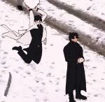  2boys biyoo_(omniscient_reader's_viewpoint) black_coat black_hair coat faceless full_body highres holding holding_snowball jumping kim_dokja male_focus meme multiple_boys omniscient_reader's_viewpoint open_clothes open_coat outdoors parody rhaastyogurt short_hair slam_dunk_(basketball) snow snowball white_coat yoo_joonghyuk 
