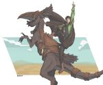  04d9c4 1boy arms_up black_hair boots bridle brown_boots brown_cape cape creature feathers full_body highres horseback_riding index_finger_raised looking_at_viewer natsuki_subaru one_eye_closed orange_scarf patrasche_(re:zero) re:zero_kara_hajimeru_isekai_seikatsu reins riding saddle saddle_blanket scarf 