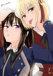  2girls blonde_hair blue_dress blue_ribbon brown_hair closed_mouth commentary dress green_ribbon hair_ribbon hand_on_another's_head highres inoue_takina long_hair lycoris_recoil lycoris_uniform mizuki_(mi_lycoreco) multiple_girls neck_ribbon nishikigi_chisato purple_eyes red_dress red_eyes red_ribbon ribbon short_hair simple_background tongue tongue_out upper_body watermark white_background 