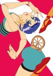  1girl ass ballet_slippers bare_shoulders bishoujo_senshi_sailor_moon bishoujo_senshi_sailor_moon_supers black_nails black_outline blue_eyes blue_hair blue_pants closed_mouth collarbone commentary_request crop_top curtained_hair disembodied_leg doll_joints earrings fingernails floating flower_earrings from_behind highres jewelry joints karakuriko_(sailor_moon) knees_out_of_frame long_fingernails looking_at_viewer morihiko61 orange_pantyhose outline pants pantyhose plantar_flexion pointy_ears red_background red_shoes sailor_moon shirt shoes short_hair sleeveless smile solo striped_clothes wheel white_background 