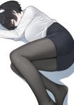  1girl absurdres animal_ear_fluff animal_ears black_hair black_pantyhose black_skirt blue_archive blush breasts closed_eyes commentary covered_mouth extra_ears foot_out_of_frame highres korean_commentary large_breasts long_sleeves lying on_side pantyhose pencil_skirt profile shirt short_hair simple_background skirt sleeping solo thighs tomid tsubaki_(blue_archive) tsubaki_(guide)_(blue_archive) white_background white_shirt 