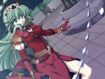  1girl 2000s_(style) blue_eyes bracelet breasts cleavage cleavage_cutout closed_mouth clothing_cutout dress dutch_angle elbow_gloves elixir_rose expressionless game_asset gloves green_hair hair_ribbon headdress holding holding_sword holding_weapon jewelry kagashima_itsuki large_breasts long_hair magical_girl mahou_senshi_(series) mahou_senshi_elixir_knights night non-web_source official_art outdoors red_gloves ribbon saitou_natsuki self-datamine side_slit solo sword variant_set visual_novel_cg weapon whip whip_sword 