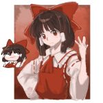  1girl ascot bow brown_hair chibi chibi_inset closed_mouth clover_(clover11_40) commentary derivative_work detached_sleeves embodiment_of_scarlet_devil hair_bow hair_tubes hakurei_reimu long_hair looking_at_viewer official_alternate_costume official_art_redraw red_ascot red_bow red_eyes ribbon-trimmed_sleeves ribbon_trim solo sprite_redraw touhou upper_body zun_pose 