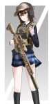  1girl absurdres ammunition_pouch battle_rifle brown_hair bulletproof_vest commentary_request gun hat highres hiiragi_senri optical_sight original pleated_skirt pouch rifle school_uniform sig_mcx sig_sauer simple_background skirt tactical_school_uniform trigger_discipline weapon 