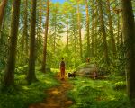  1girl 2boys animal backpack bag black_dog child commission dog fern forest fox hand_in_pocket highres johannatarkela log moss multiple_boys nature original outdoors painterly pet pet_walking realistic rock scenery sky squirrel tree very_wide_shot 