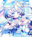  1girl :3 artist_name bendy_straw blue_eyes blue_hat blue_nails blue_sailor_collar blue_skirt blue_streaks closed_mouth commentary drinking_straw food four-finger_heart_hands frilled_headwear hat heart heart_hands ice_cream ice_cream_float icece long_hair looking_at_viewer multicolored_hair nail_polish original sailor_collar shirt skirt sleeveless sleeveless_shirt smile soap_bubbles solo streaked_hair untranslatable_commentary upper_body watermark white_hair white_shirt 