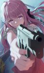  1girl absurdres bare_shoulders beretta_92 black_ribbon blurry blurry_background blurry_foreground boku_no_edamame commentary_request fingernails gun hair_ribbon handgun highres holding holding_gun holding_weapon indoors long_hair mikogami_kotone nail_polish nijisanji parted_lips pink_eyes pink_hair pink_nails pink_skirt revolver ribbon shirt skirt solo v-shaped_eyebrows virtual_youtuber weapon white_shirt 