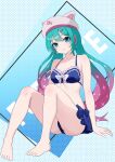  1girl absurdres animal_ears aqua_hair ass bare_legs bare_shoulders barefoot bikini blue_background blue_bikini blue_eyes bow breasts cat_ears chest_bow cleavage collarbone commentary_request dot_nose fortnite frilled_bikini frills full_body futatunoniji gradient_hair hair_ornament hairclip hat hat_with_ears hatsune_miku headset highres multicolored_hair neko_hatsune_miku pink_hair pink_hat sitting small_breasts smile solo sparkling_hair swimsuit toes twintails vocaloid white_bow 