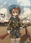  1girl absurdres armored_personnel_carrier armored_vehicle aviator_sunglasses battle_rifle bipod braid brown-tinted_eyewear camouflage camouflage_shirt fn_fal gun highres holding holding_gun holding_weapon long_hair low_twin_braids military military_vehicle miniskirt motor_vehicle nico_jiang pleated_skirt rifle shirt skirt sunglasses thighhighs tinted_eyewear twin_braids united_nations we_love_cold_war weapon white_thighhighs zettai_ryouiki 