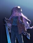  1girl alternate_costume axe black_gloves blue_pants blue_shirt brown_jacket chinese_commentary closed_mouth collared_shirt commentary_request cosplay expressionless fingerless_gloves friday_the_13th gloves hata_no_kokoro highres hockey_mask holding holding_axe holding_sword holding_weapon jacket jason_voorhees jason_voorhees_(cosplay) long_hair long_sleeves looking_at_viewer mask mask_on_head pants pink_eyes pink_hair s-tea-m shirt solo sword touhou very_long_hair weapon 