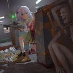  2girls absurdres amasaki_nana assault_rifle asymmetrical_footwear battle_rifle belt black_shoes bleeding blood blood_on_clothes bullet_hole commentary_request cracklecradle dress dutch_angle elevator fn_fal gears green_eyes green_sailor_collar green_skirt gun hair_bobbles hair_ornament highres holding holding_gun holding_weapon horror_(theme) indoors injury kneehighs loafers monster multiple_girls neckerchief one_side_up platform pleated_dress red_neckerchief rifle rust sailor_collar scar school_uniform serafuku shell_casing shoes skirt socks solo_focus statue stitches thigh_belt thigh_strap torn_clothes traffic_light uneven_footwear weapon white_socks wu_yu_bobosha 