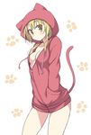  animal_hood bangs blonde_hair breasts cat_tail cowboy_shot drawstring expressionless hair_over_shoulder hands_in_pockets hood hoodie ichii_yui long_hair looking_at_viewer medium_breasts mel_(melty_pot) naked_hoodie no_bra no_pants open_clothes paw_print solo tail twintails unzipped yellow_eyes yuyushiki 
