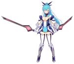  1girl aqua_hair arch_kalmia armor blue_hair blush boots breasts cleavage closed_eyes closed_mouth dual_wielding facing_viewer full_body fuyunagi_tsubasa game_asset gloves gold_trim hair_ornament hairclip holding holding_sword holding_weapon large_breasts large_variant_set long_hair magical_girl non-web_source official_art ponytail reverse_grip saitou_natsuki self-datamine shinsou_kenki_arch_saver simple_background smile solo striped_clothes sword tachi-e thighhighs transparent_background variant_set weapon zettai_ryouiki 