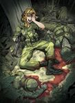  1boy 2girls assault_rifle bandages battle bleeding blood blood_from_mouth blood_in_hair blood_on_bandages blood_on_clothes blood_on_face blood_on_hand chickenapple33 corpse death elf eye_injury forest gun gunshot_wound highres injury jungle m16 m16a1 multiple_girls nature original outdoors pile_of_corpses pointy_ears pool_of_blood rifle sitting smoke_grenade vietnam_war weapon 