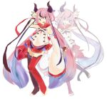  1other asymmetrical_legwear asymmetrical_sleeves blue_hair commentary derivative_work english_commentary gradient_hair hair_flaps highres horns meika_hime mismatched_legwear multicolored_hair neck_ribbon official_art_redraw other_focus pink_hair purple_eyes red_ribbon red_skirt reference_inset ribbon shirt simple_background skirt streaked_hair tanaub vocaloid vocaloid_boxart_pose white_background white_ribbon white_shirt 