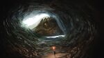  1other absurdres cave commentary_request day dragon fantasy fern full_body highres holding holding_torch ikasamahideo monster original outdoors scenery slit_pupils torch very_wide_shot western_dragon 