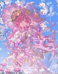  1girl album_cover bead_necklace beads blue_sky branch bug butterfly butterfly_on_hand center_frills cherry_blossoms chinese_commentary closed_mouth commentary_request commission cover cowboy_shot day dress falling_petals floating_hair floral_print flower frilled_headwear frilled_sleeves frills happy hat hat_flower highres infinity_nikki jewelry lace-trimmed_headwear lace_trim layered_sleeves lipstick long_hair long_sleeves low_twintails makeup necklace nikki_(series) off-shoulder_dress off_shoulder official_alternate_color orange_flower outdoors petals pink_butterfly pink_dress pink_flower pink_hair pink_hat pink_lips print_dress purple_eyes rainfall_&amp;_blossoms_(infinity_nikki) sample_watermark short_over_long_sleeves short_sleeves sky smile solo spring_(season) standing too_many_watermarks twintails very_long_hair watermark wavy_hair white_flower wind witch witch_hat zhacai_baobao 
